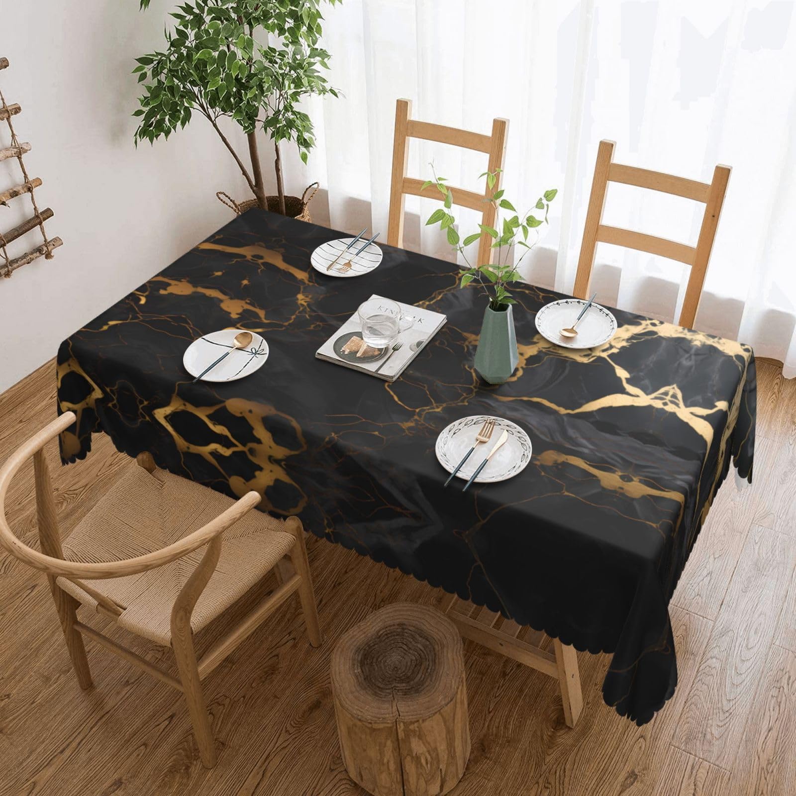 Nappe en tissu marbre noir doré réutilisable pour réception