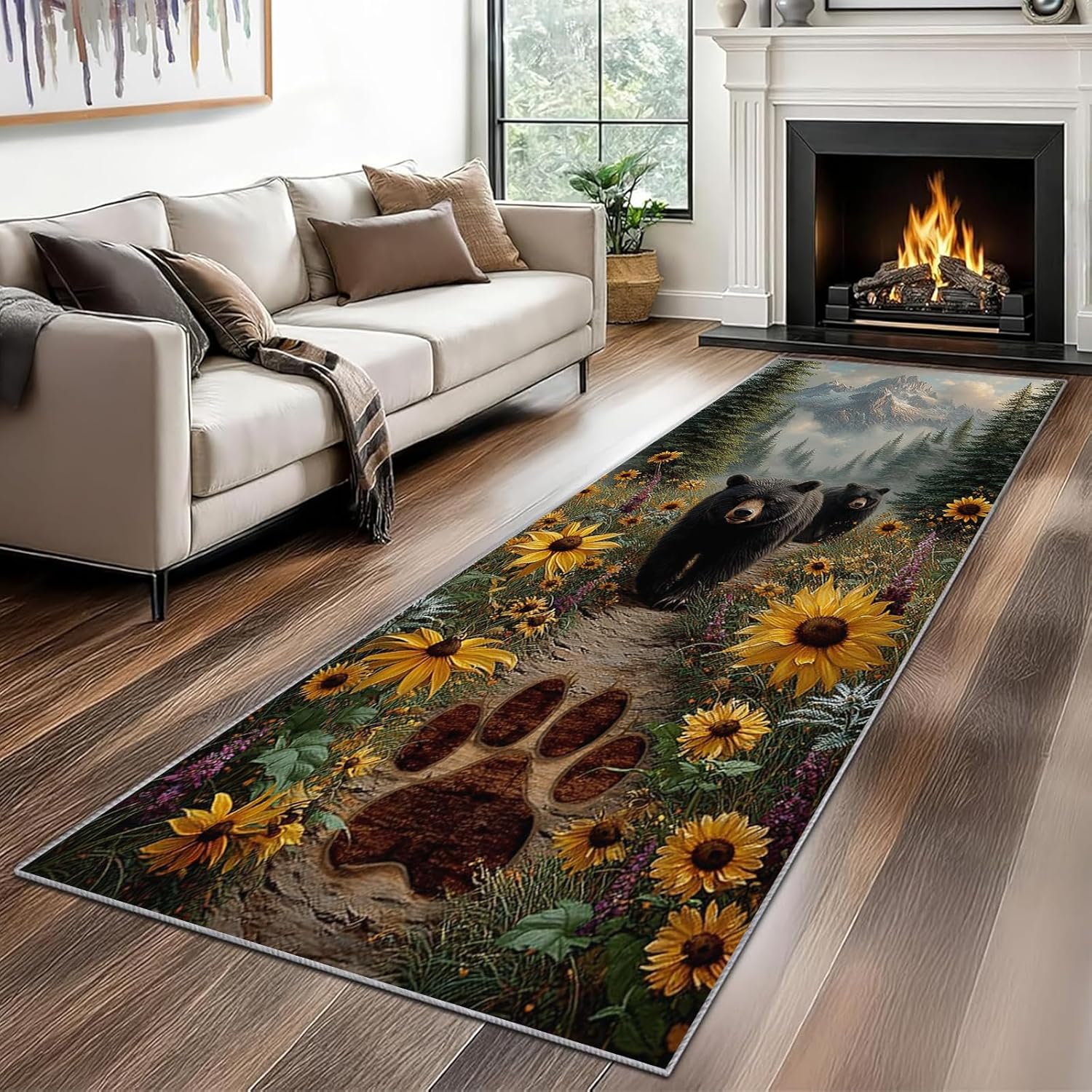 Black Bear Runner Rug 2x6ft, Bear Paw Print Rug Runner, Western Cabin Rugs, Soft Non-Slip Kitchen Mats for Floor - Retro Country Farmhouse Home Decor
