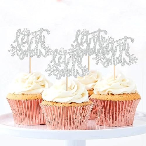 Miniatura 4 de Ercadio Paquete de 24 adornos de copos de nieve Let it Snow para cupcakes con purpurina plateada Let it Snow Cupcake Picks Winter Snowflake Frozen