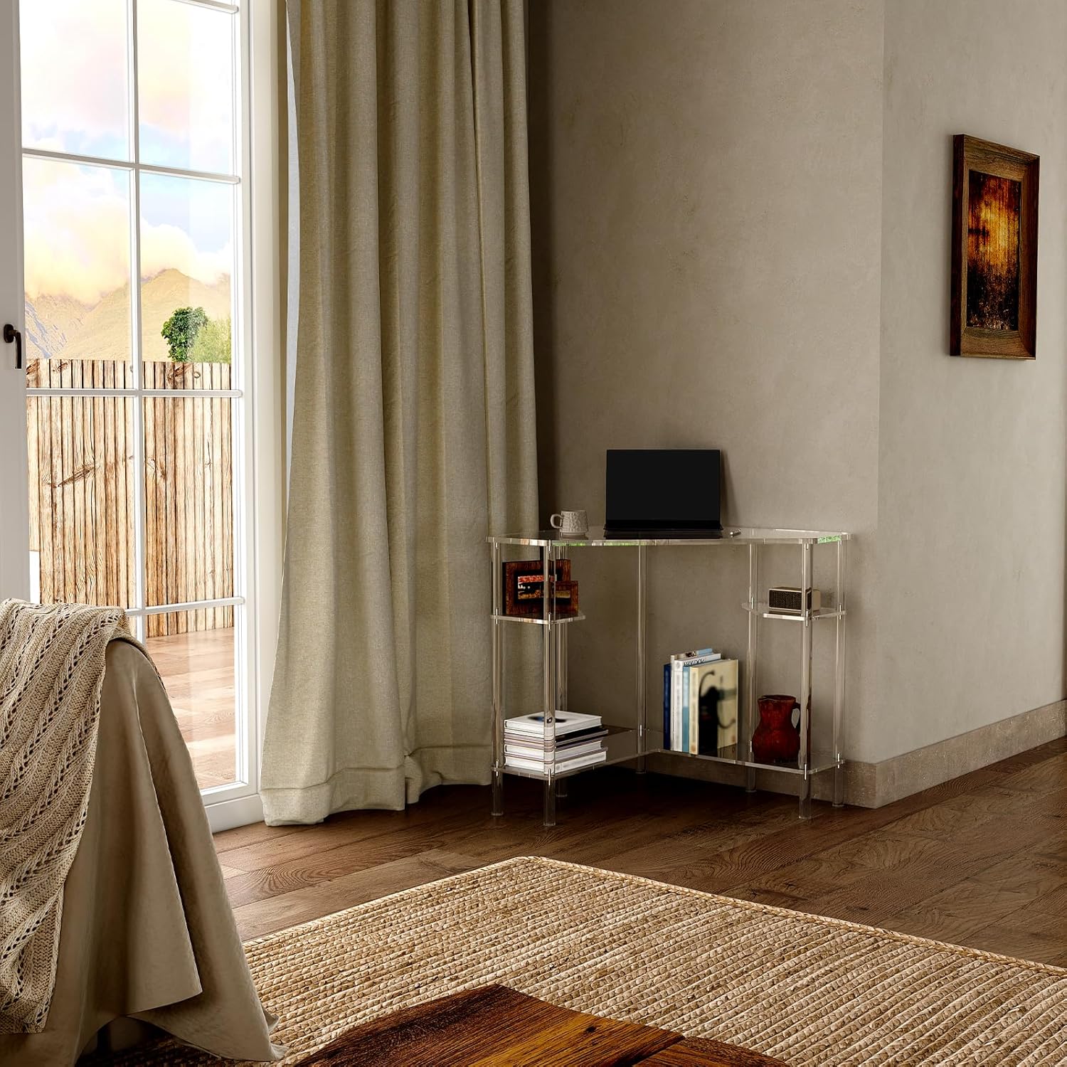 Eglaf Acrylic Triangle Corner Desk - 90-Degrees, 28.5 x 28.5 inches, Home Office Desk with Storage for Small Space, Easy Assembly