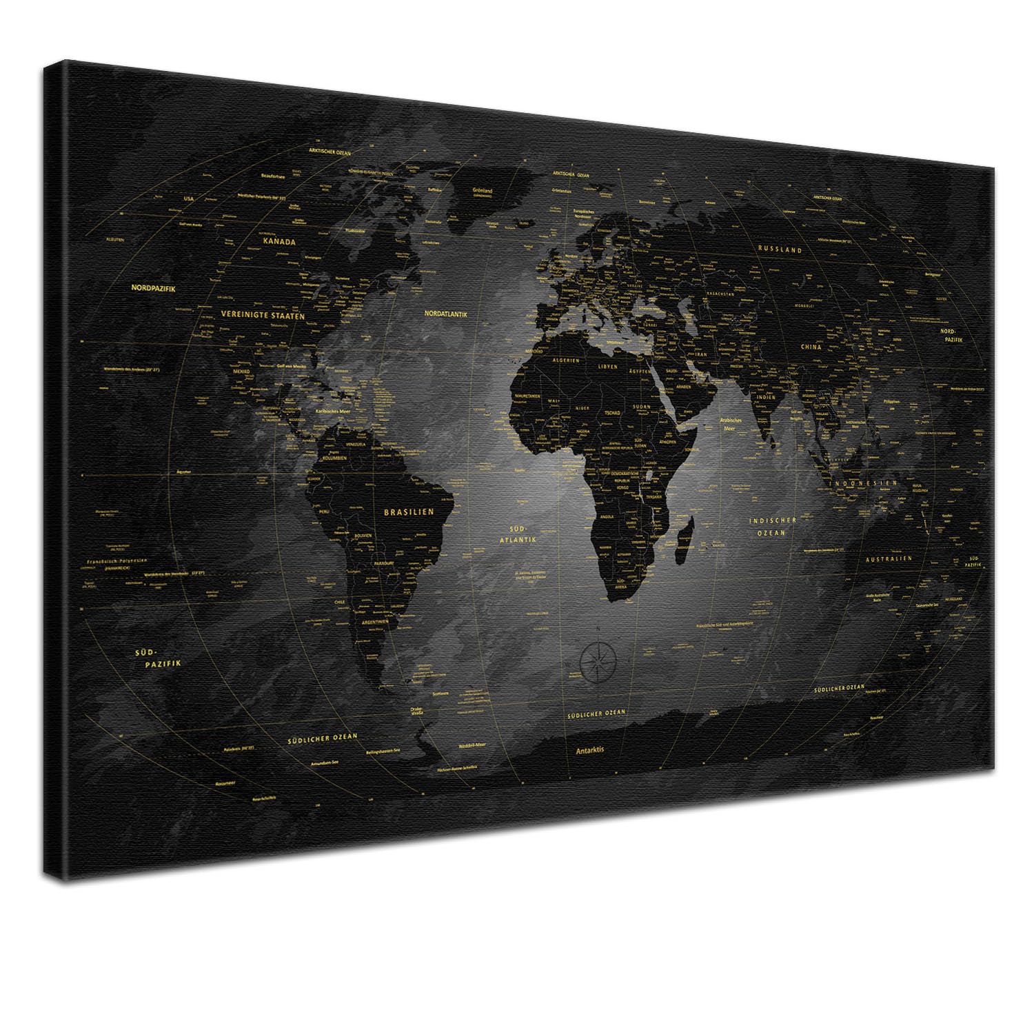 LANA KK - Premium Pinnwand Weltkarte - Noir - Deutsch - in 100 x 70 cm, stabile Rückwand zum Pinnen inkl. Starterkit - Leinwand-Kunstdruck Wandbild Landkarte XXL