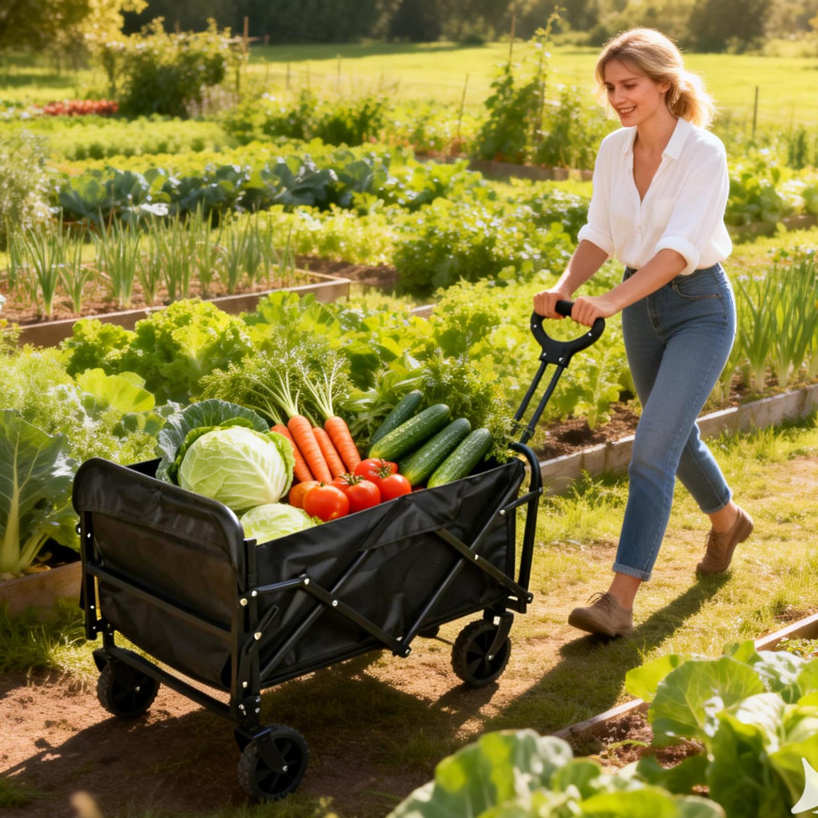 Chariot de Plage Pliable 120L (120KG), Chariot Pliable avec Hayon Arrière Rabattable à Plat pour Objets Longs, Chariot à roulettes 360° + 2 Porte-Gobelets, pour Camping & Shopping, Jardin