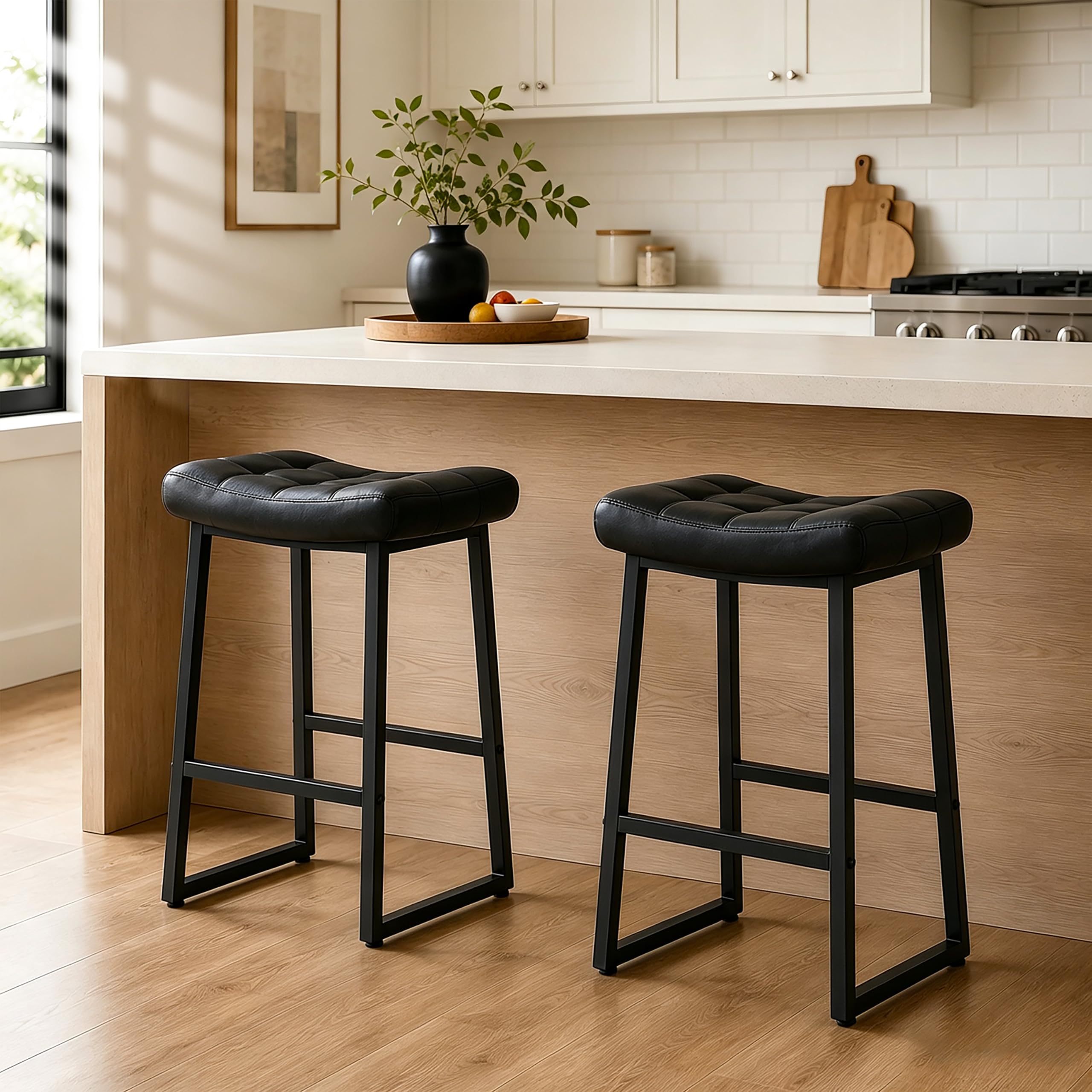RNKSFX Black Bar Stools Set of 2 with Saddle Seat