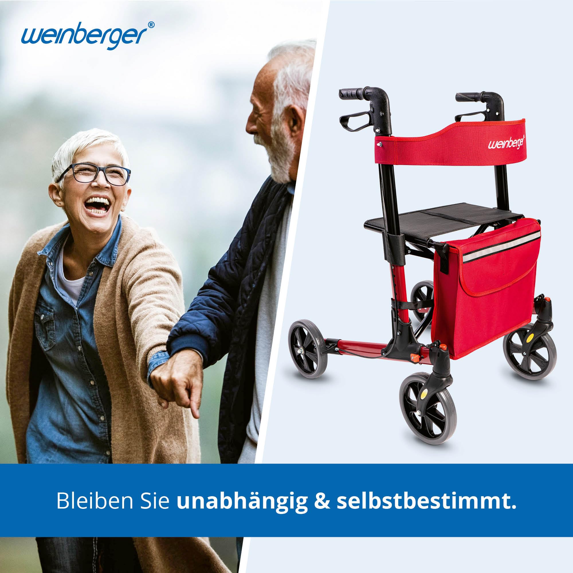Weinberger Andador plegable de aluminio ligero todo incluido con bolsa de soporte de bastón, frenos, peso ligero de solo 7,3 kg, altura regulable, andador de viaje, color rojo