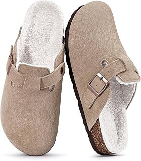 Women's Fur Lined Suede Clogs Fuzzy Cork Footbed Mules Slip On Winter Po...