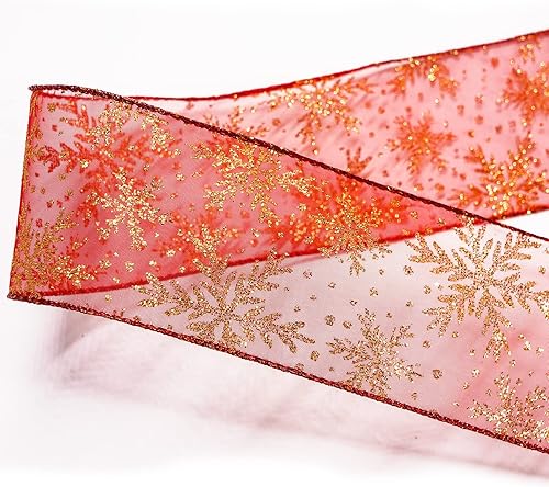 Miniatura 6 de Cinta con alambre de organza roja con purpurina dorada de copos de nieve de 2.5 pulgadas x 50 yardas (150 pies) para decoración del hogar de