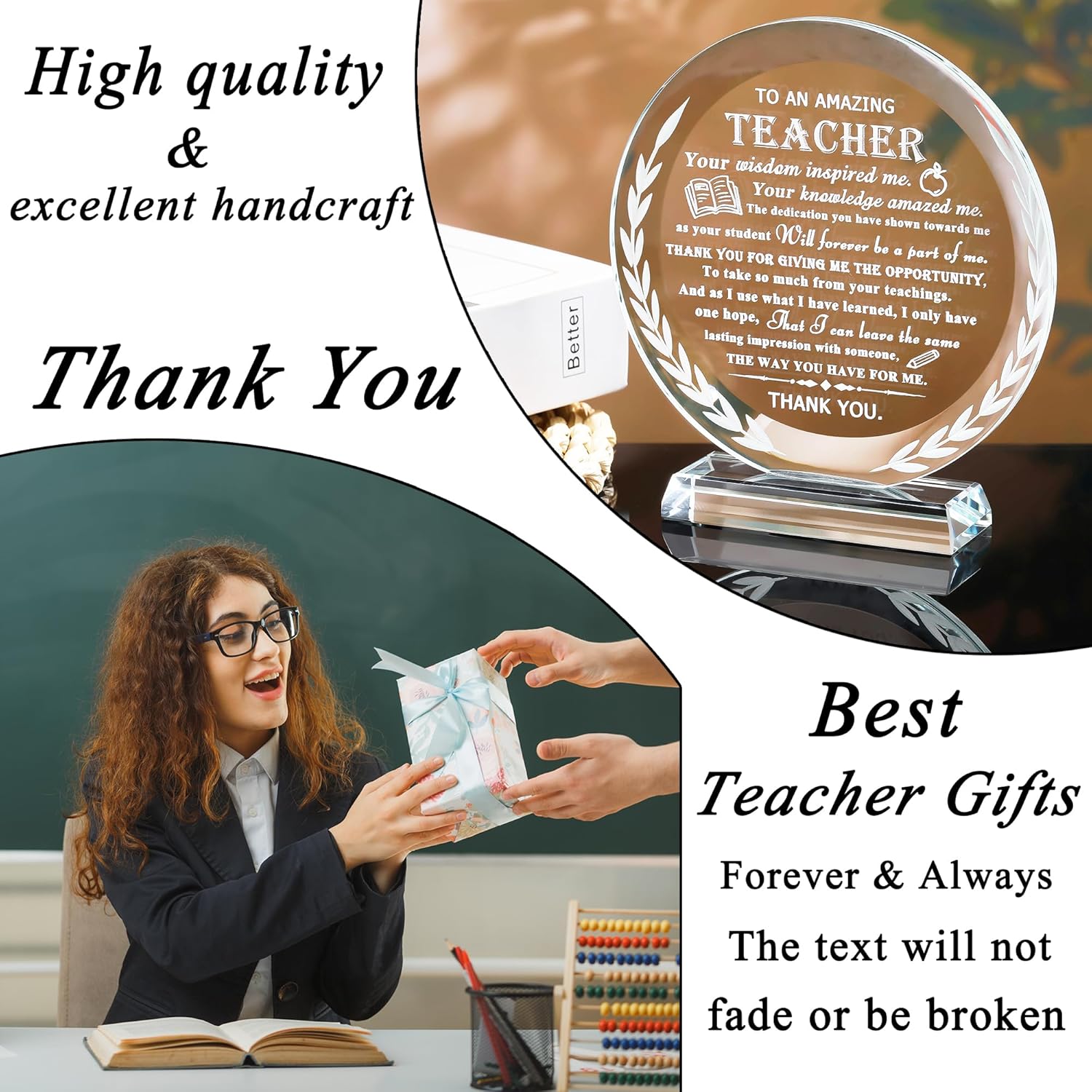 QIANWEI Teacher Appreciation Gifts for Women Men-Teacher Crystal Plaque Gifts Best Teacher Birthday Christmas Retirement Teachers' Day Graduation Gifts Thank You Teacher Gifts from Student, 15cmYXGL