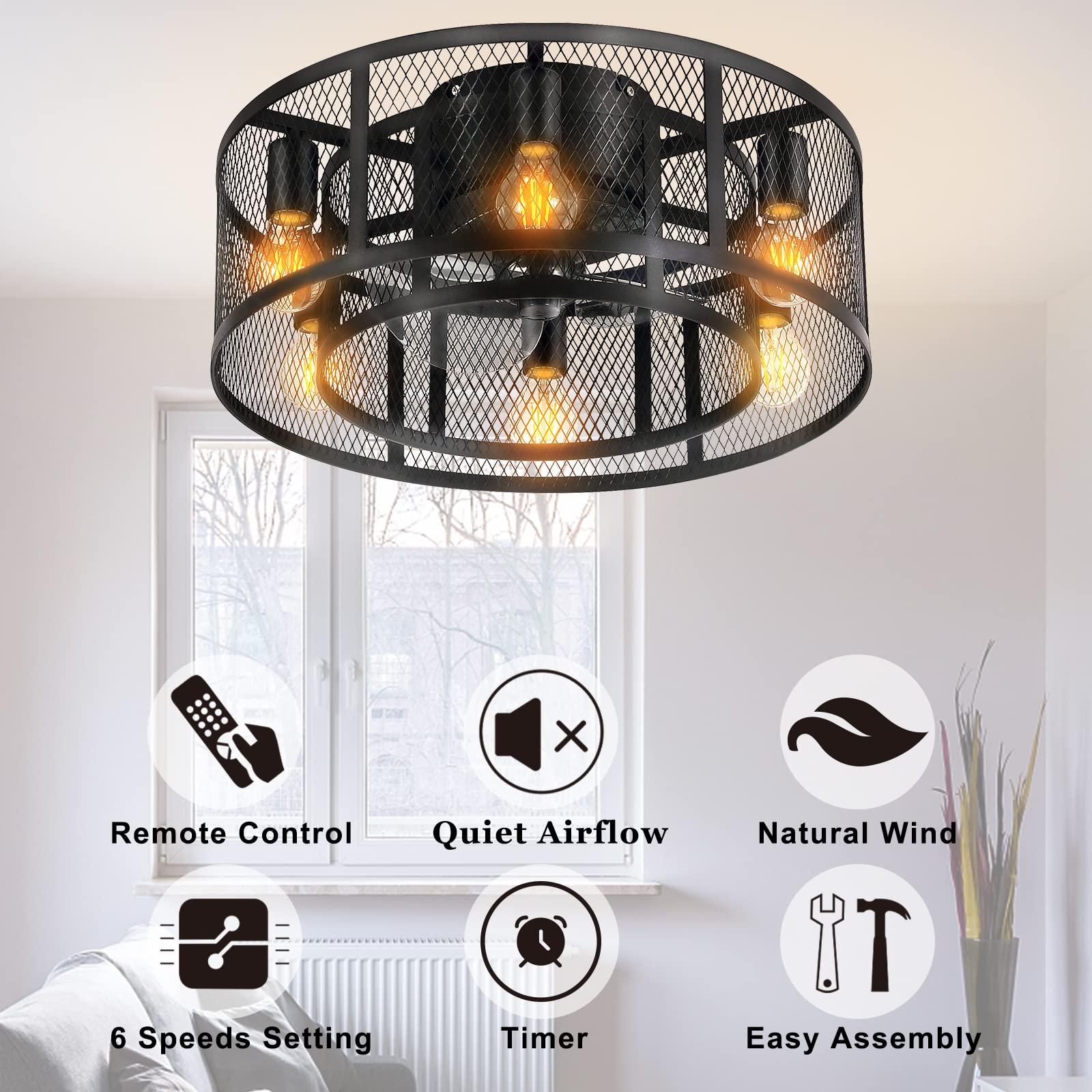 Ohniyou Cage Ceiling Fan with Light, 21 Inch Farmhouse Low Profile Ceiling Fan with Light Remote