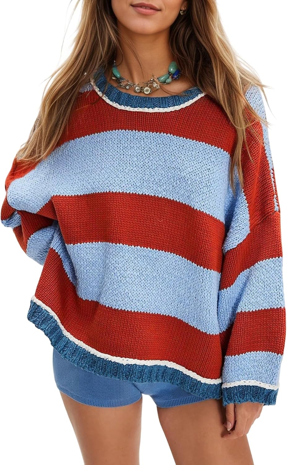 Fnortc Women's Chunky Knit Striped Sweaters Casual Long Sleeve Crew Neck Oversized Pullover Sweater Winter Fall Spring Tops