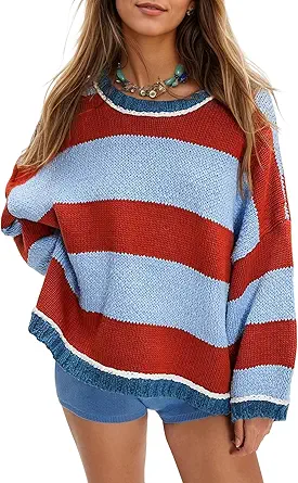 Women's Chunky Knit Striped Sweaters Casual Long Sleeve Crew Neck Oversized Pullover Sweater Winter Fall Spring Tops