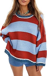Women's Chunky Knit Striped Sweaters Casual Long Sleeve Crew Neck Oversi...