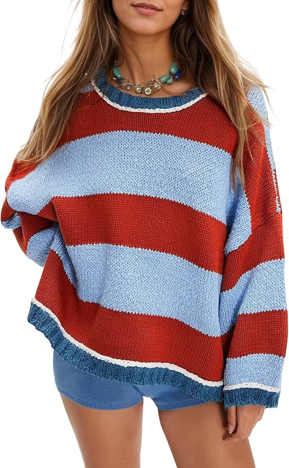 Women's Chunky Knit Striped Sweaters Casual Long Sleeve Crew Neck Oversized Pullover Sweater Winter Fall Spring Tops
