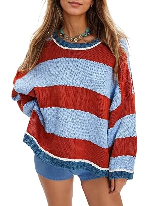 Womens Chunky Knit Striped Sweaters Casual Long Sleeve Crew Neck Oversized Pullover Sweater Winter Fall Spring Tops