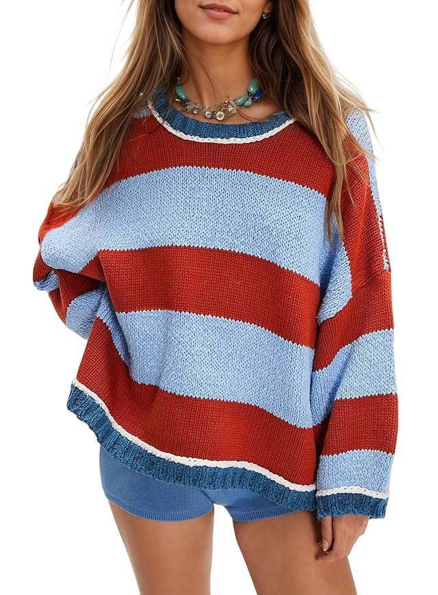 Womens Chunky Knit Striped Sweaters Casual Long Sleeve Crew Neck Oversized Pullover Sweater Winter Fall Spring Tops