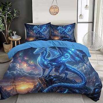 Lightning Dragon Duvet Cover - Double Bedding Set 200x200cm - Ultra Soft - Reversible - Fantasy Starry Sky Quilt Covers with Matching Pillowcase, Easy Care, Dark Blue
