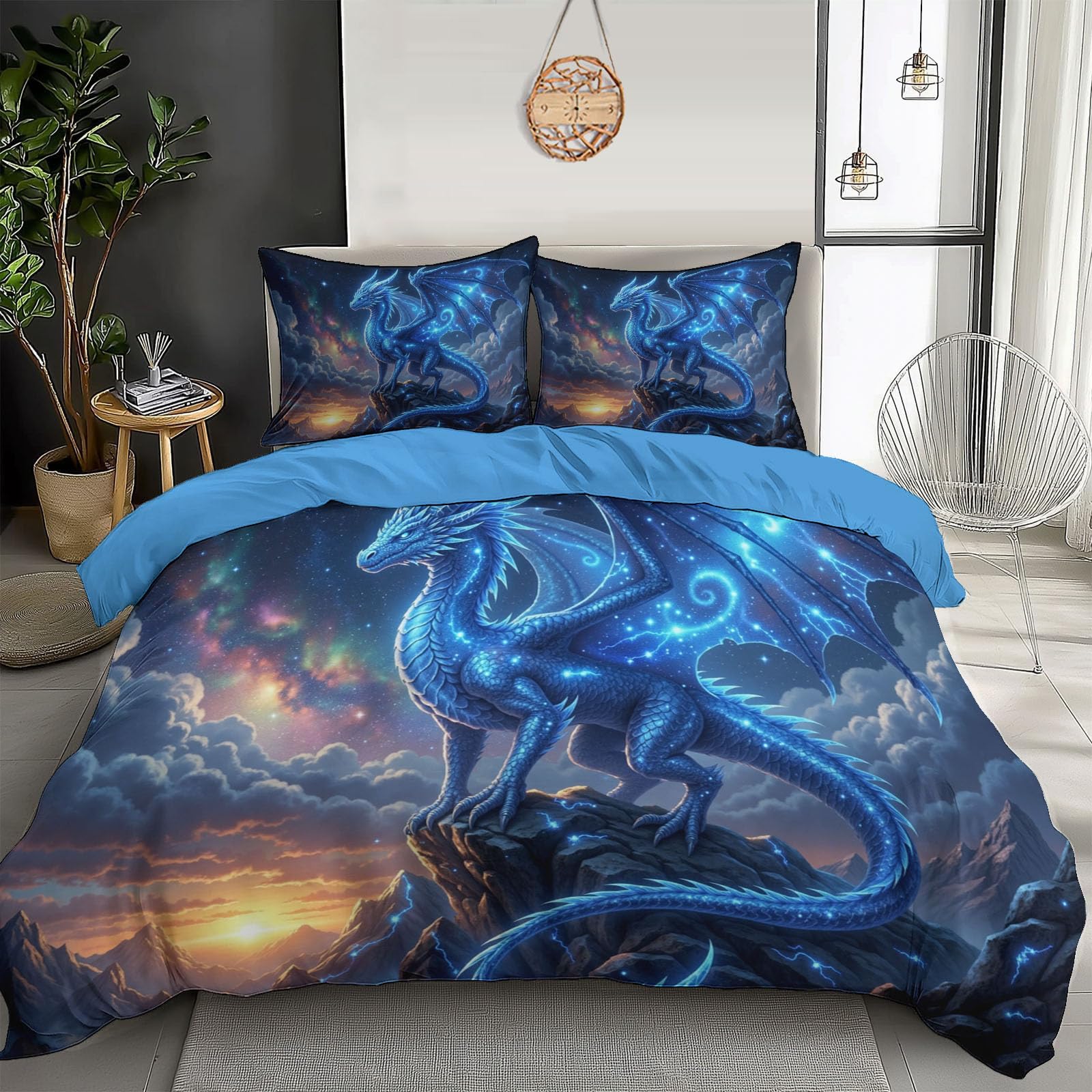 Housse de couette 220x240cm dragon de foudre bleu foncé pour parure de lit