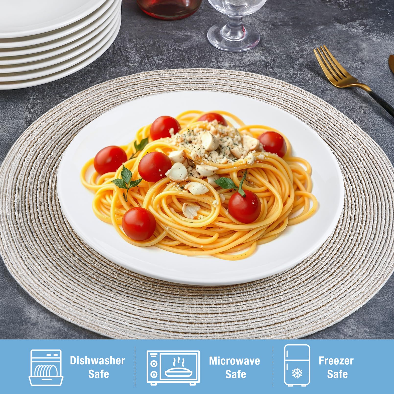 Jeffbaubl 8 Stück Essteller, 25,4 cm Keramik Tellerset, Porzellan Rund Speiseteller, Weiß Kuchenteller, Große Dinner Teller für Salat Pasta Fleisch Fisch, Spülmaschinenfest Mikrowellengeeignet(Weiß)