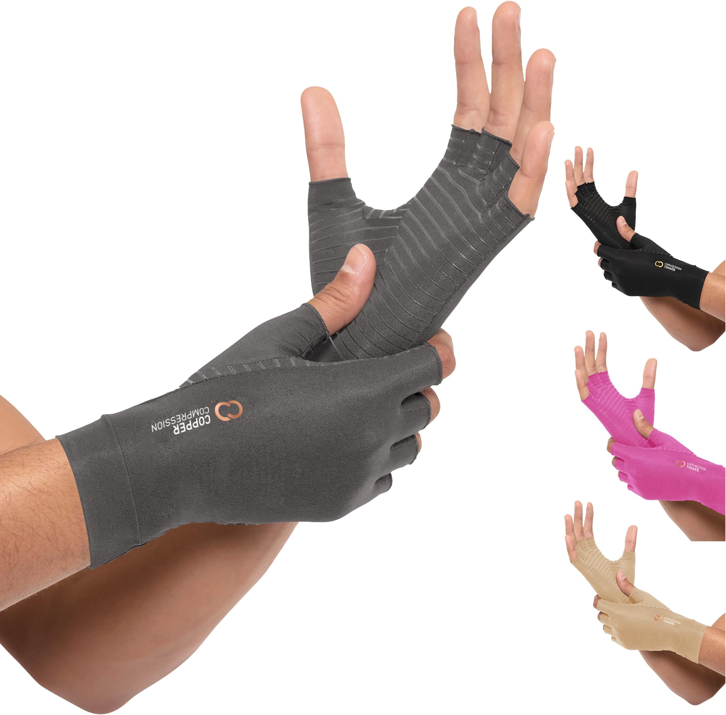 Copper Compression Arthritis Gloves | Fingerless Arthritis Carpal Tunnel Pain Relief for Men & Women | Hand Support Wrist Brace for Neuropathy, Rheumatoid, Tendonitis, Swelling, Typing Grey Small