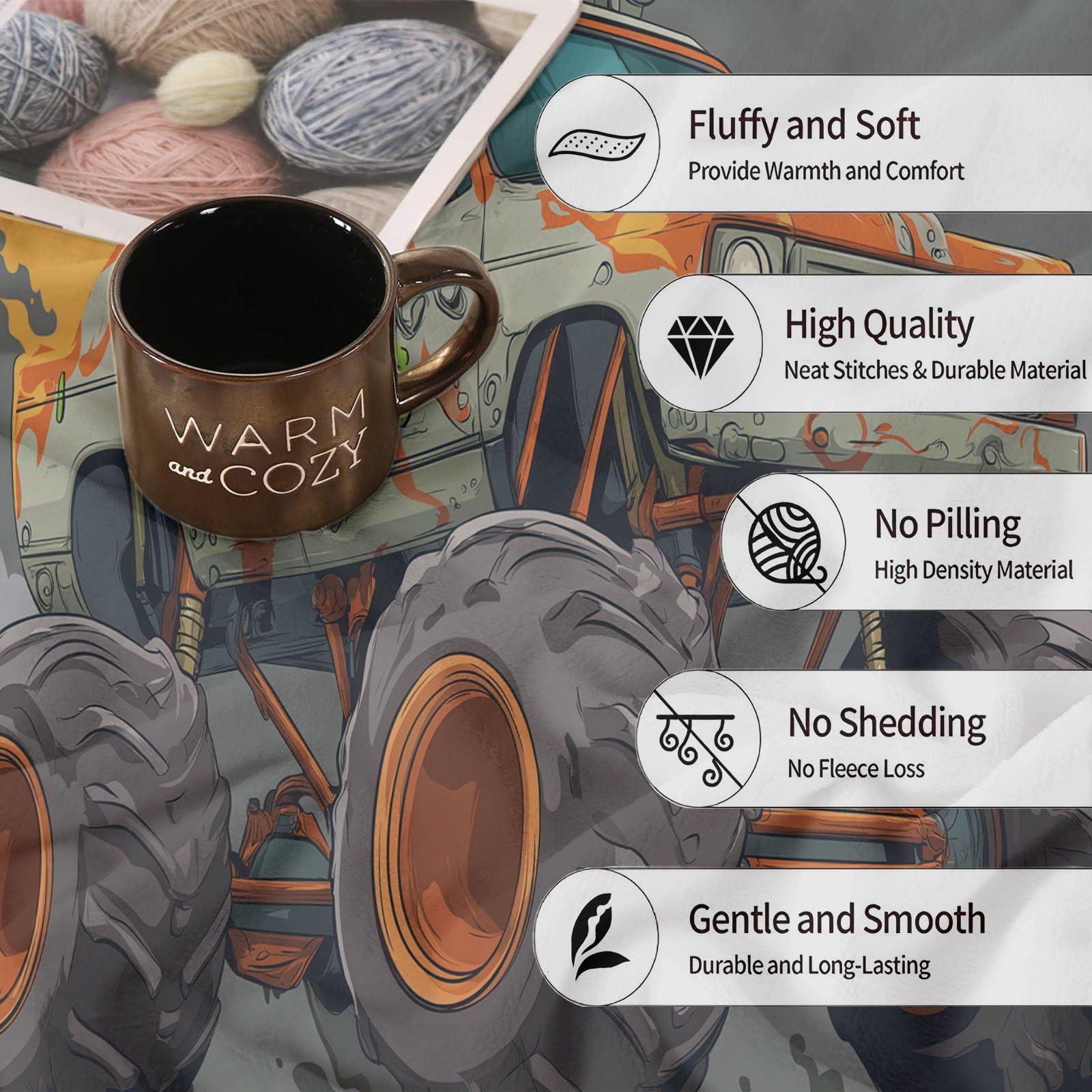 Miękki i wygodny koc flanelowy 220 x 240 cm z nadrukiem z kreskówki Amerykańska ciężarówka potwór płomienie opony puszysty i ciepły koc polarowy jako narzuta na sofę, narzuta na łóżko, pomarańczowy