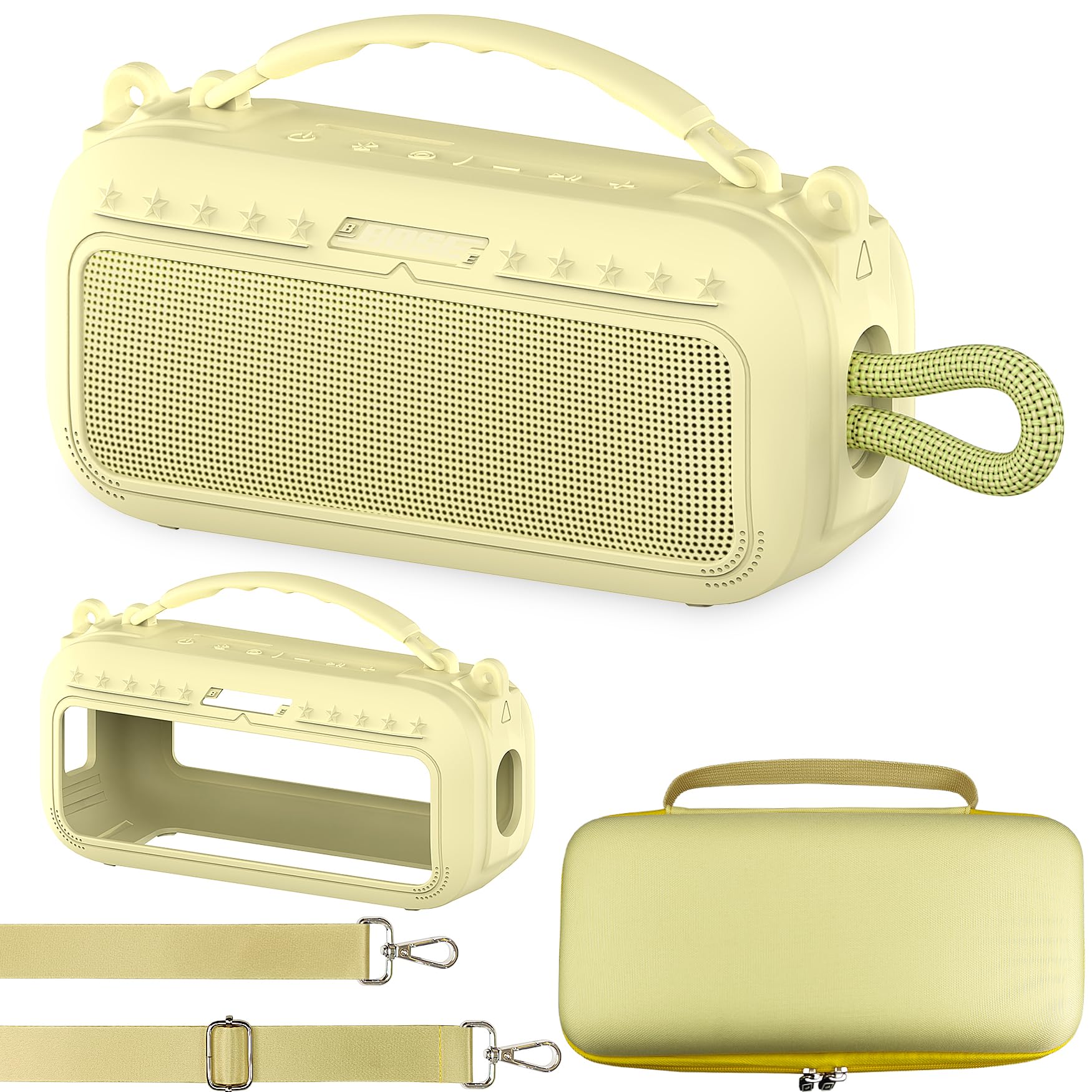 JCHPINE Silikonhülle und harte Tragetasche für Bose SoundLink Plus Lautsprecher, Schutzhülle aus Silikon mit Griff und Schultergurt (gelbe Hülle)