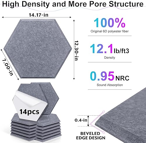 Miniatura 2 de Paquete de 14 paneles acústicos hexagonales autoadhesivos, nueva actualización Proijeut de 14 x 13 x 0.4 pulgadas, paneles de espuma a prueba de
