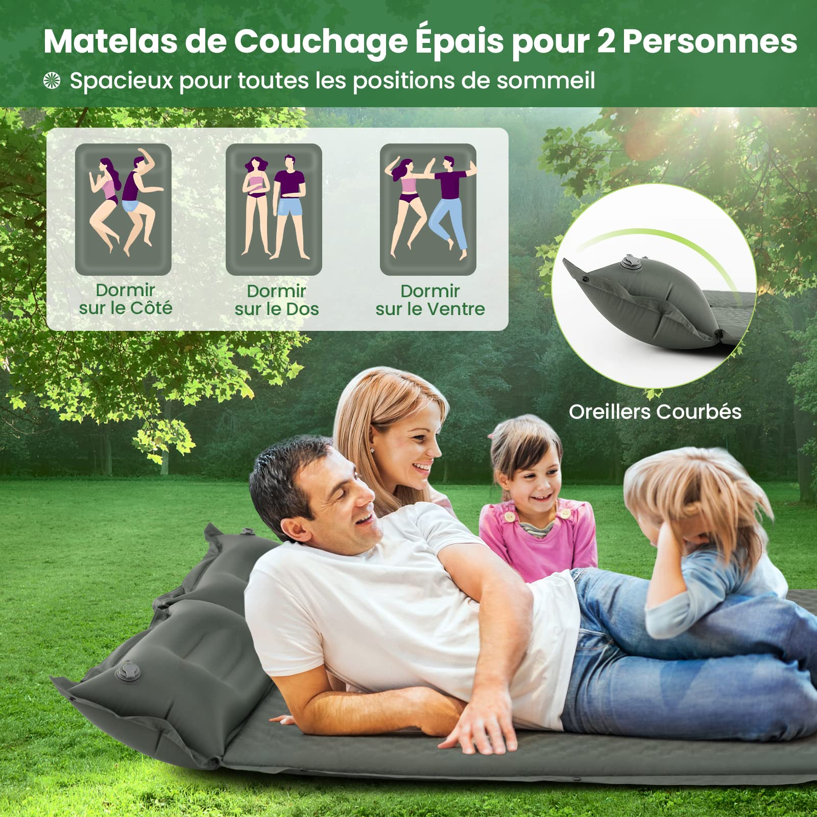 COSTWAY Matelas de Camping Autogonflant 2 Personnes avec 2 Oreillers 187 x 131 x 4 CM et Sac Portable Surface Imperméable en PVC pour Camping/Randonnées/Voyages (Vert)