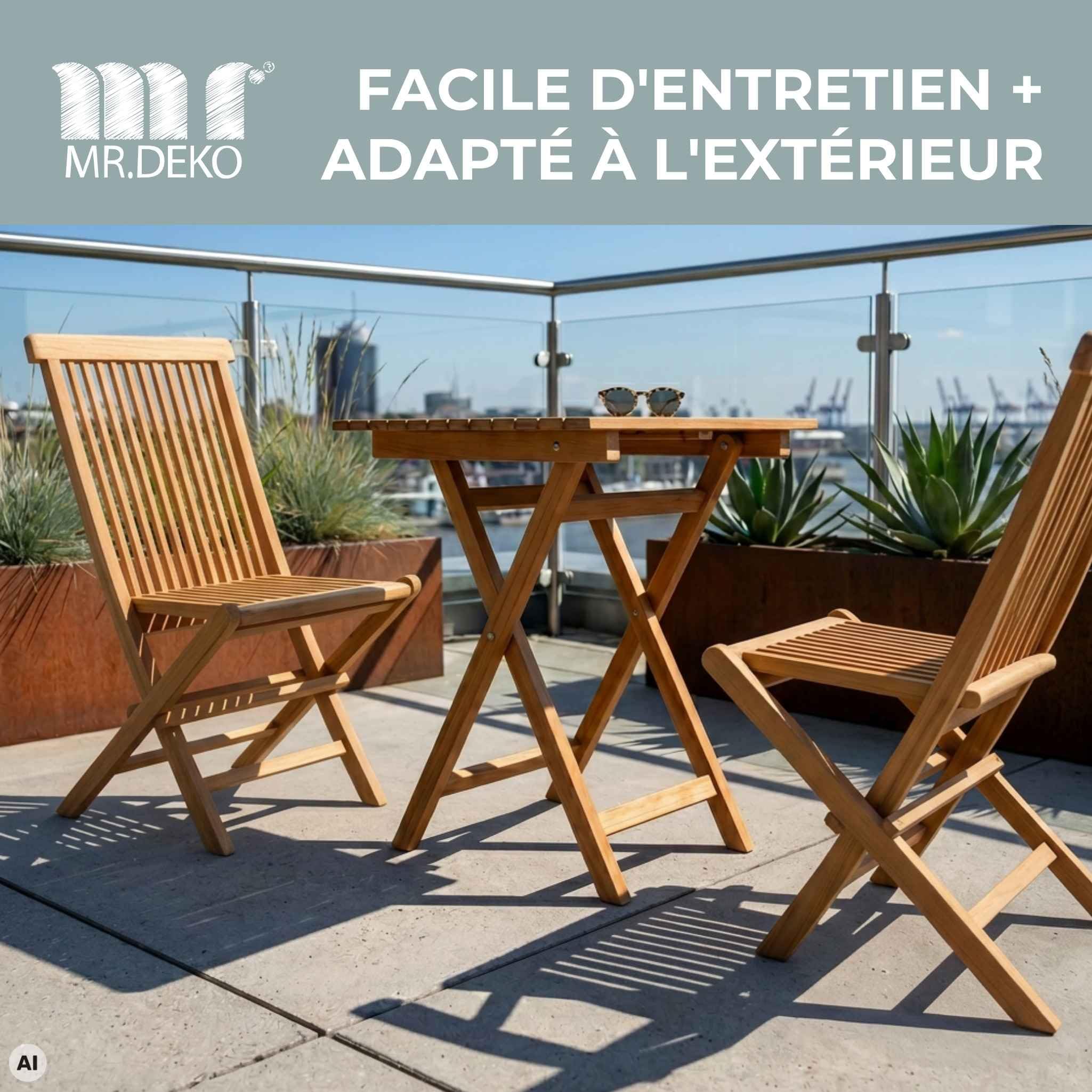 MR. DEKO Langton Fauteuil Pliant Teck Massif | Chaise de Jardin sans Accoudoirs | Siège Pliable Gain de Place Terrasse Balcon Extérieur | Bois Intempéries 120kg | 53x43x89cm