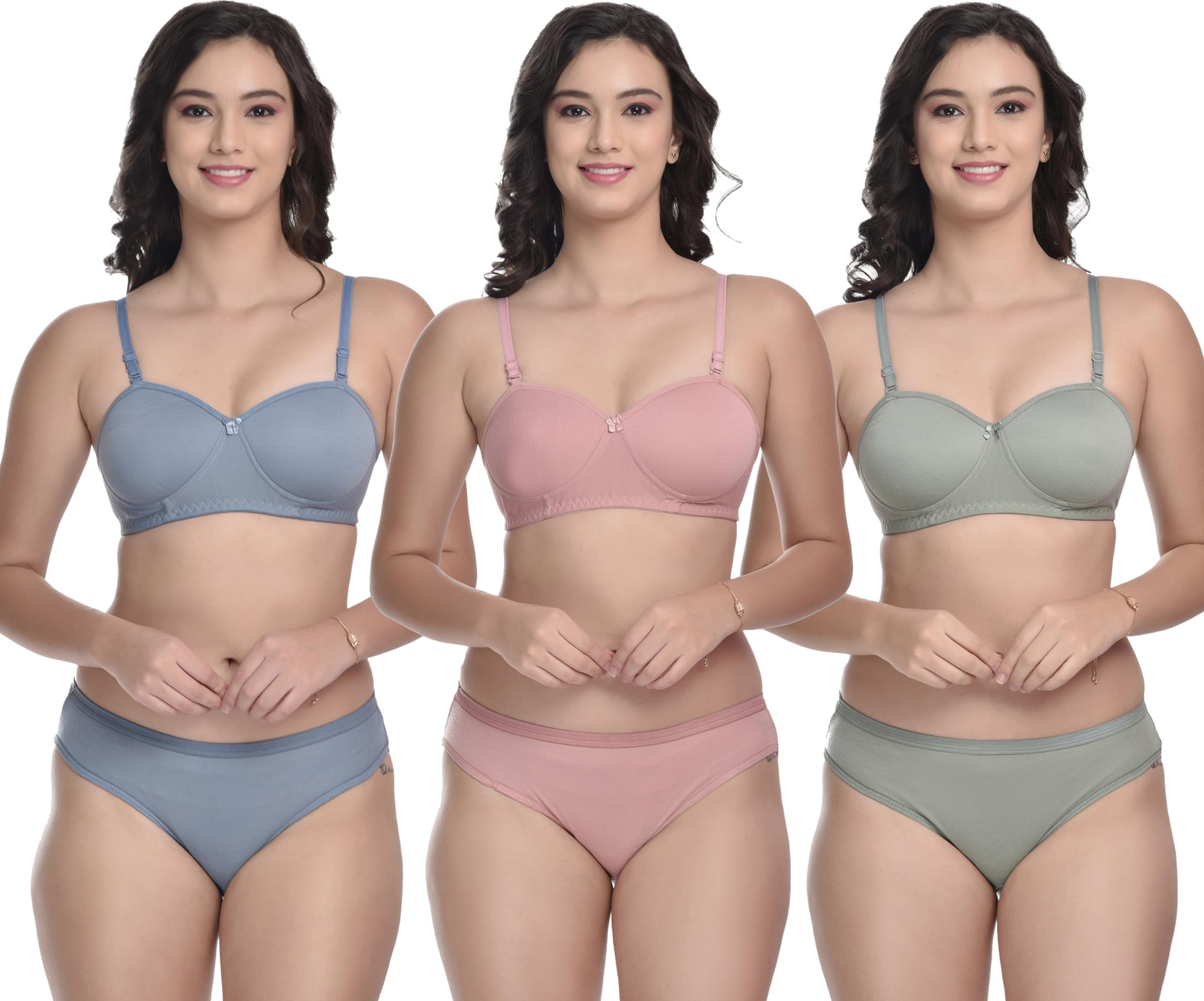Lingerie Set with Demi Cup Lightly Padded Bra and Hipster Panty, Pack of 3, Multicolor-image-32