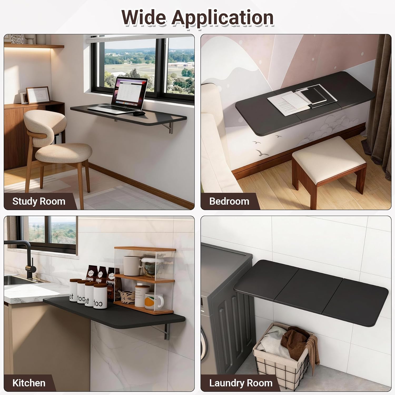 Wall Mounted Folding Desk 35.4” x 15.7”, Drop Down Table with Metal Collapsible Brackets, Folding Wall Table for Small Spaces, Home, Office, Kitchen, Laundry Room-Black