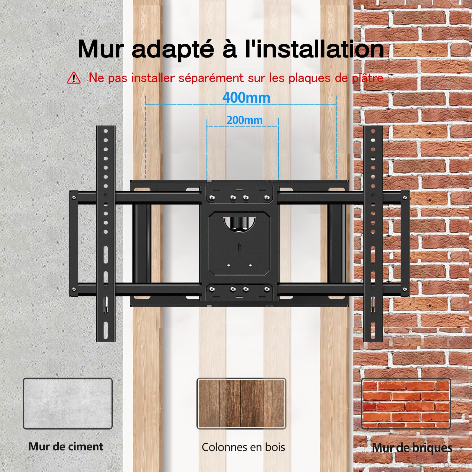 Support Mural TV Inclinable et Orientable avec Bras Long Extension pour 32-80 Pouces Écrans Plats/Incurvés,Fixation Murale TV Ajustable Pivotant à 90 Degrés jusqu'à 50KG Max VESA 600x400 mm