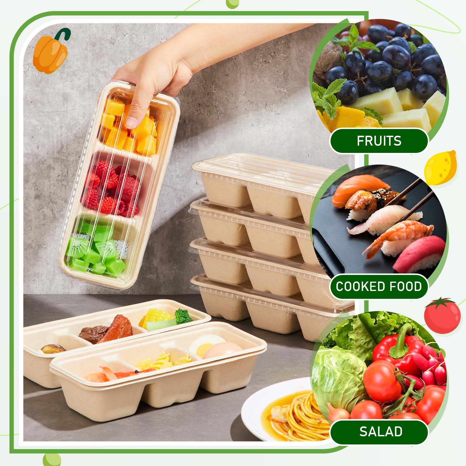 Hushee Paquete de 100 recipientes pequeños de 17 onzas para preparación de comidas, 3 compartimentos con tapas, cajas bento de plástico desechables, reutilizables, apilables, para viajes, para oficina