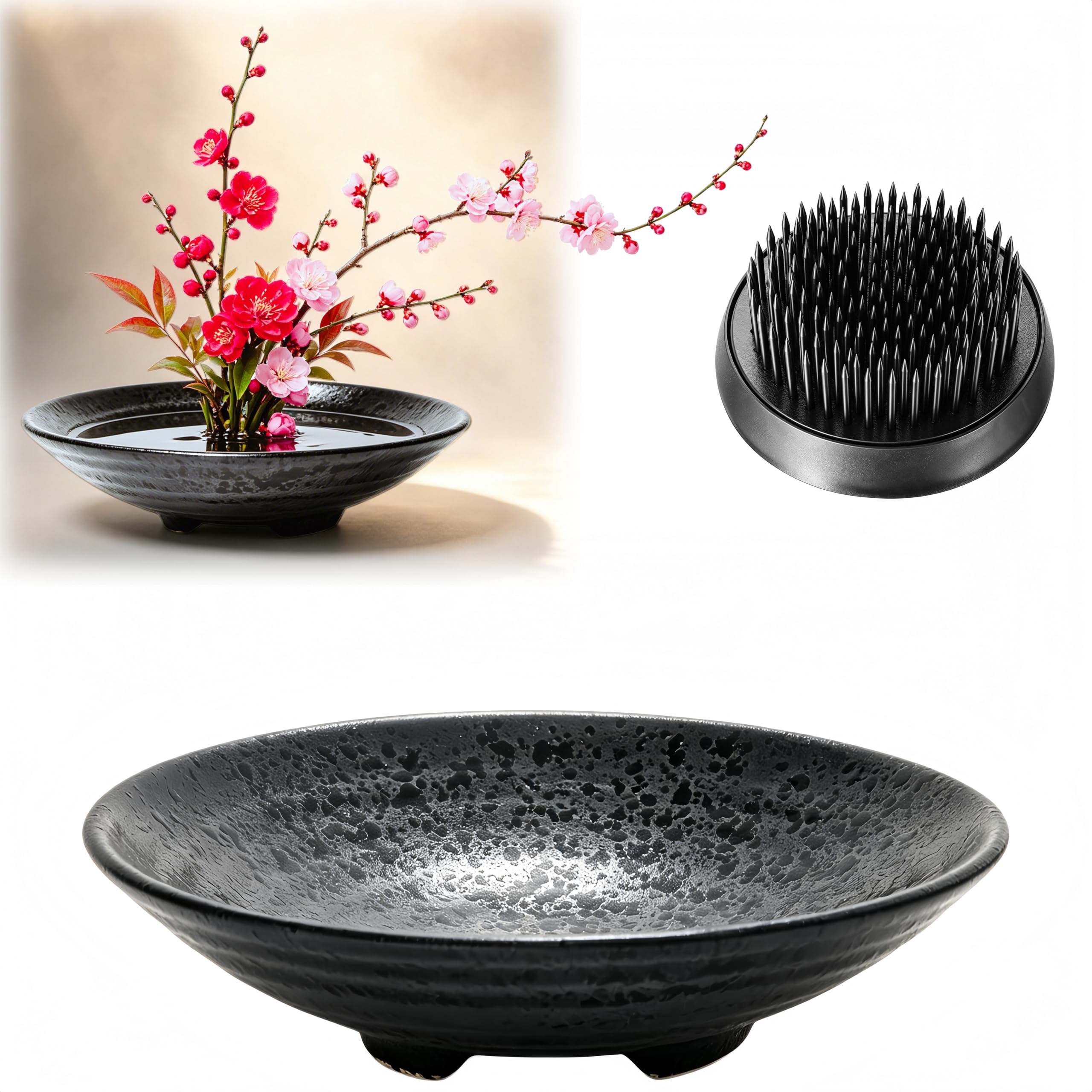 Eggone Japanese Ikebana Kit Floral Frog Flower Container with Kenzan Needle Straightening Tool - 1.57inch Black Flower Frog, 6.7inch Bowl Vase