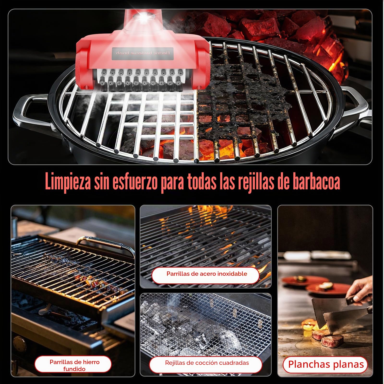 Cepillo Eléctrico para Parrilla Mejorado, Limpiador de Barbacoa Inalámbrico Recargable con Cabezas de Acero Inoxidable, Piedra Limpia, Bloqueo de Seguridad y Luz LED para Rejas de Parrilla