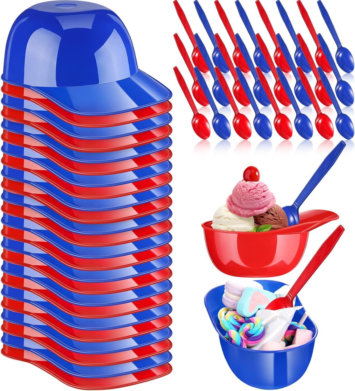 24 Count Summer Baseball Helmet Snack Ice Cream Bowl 24 Pcs Disposable Taster Spoons 8 oz Mini Sundae Bowls Dessert Plastic Spoons for Party Supplies(Red, Dark Blue)