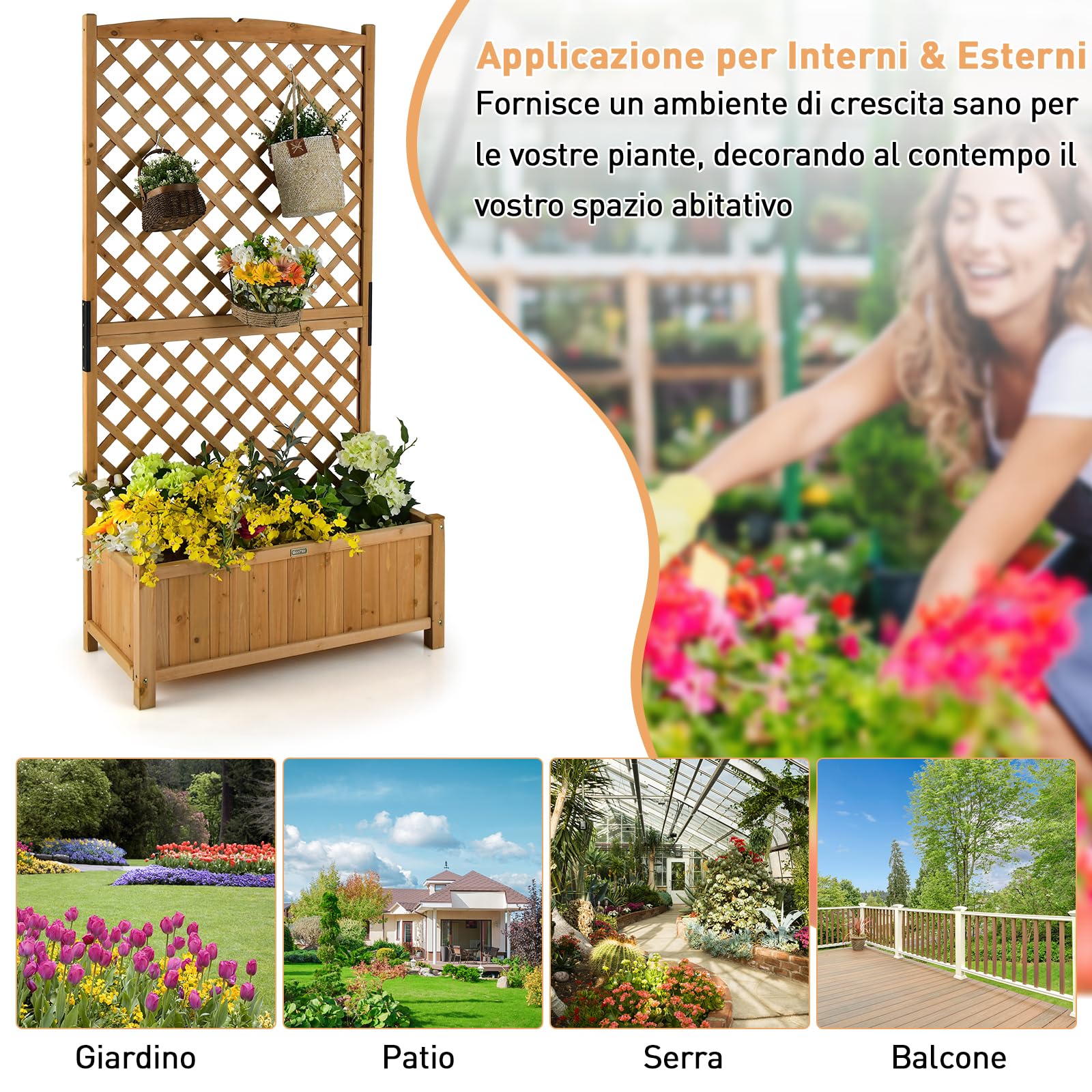 RELAX4LIFE Fioriera da Esterno con Spalliera in Legno, Aiuola Rialzata con Grigliato, Porta Vasi di Fiori e Rampicanti per Giardino/Balcone/Terrazza (Arancione)