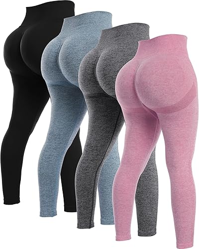 NORMOV 4 Piece Butt Lifting Workout Leggings for Women, Seamless Gym Scrunch Booty Lifting Sets - XX-Large - 4packs(black+grey+blue+pink)