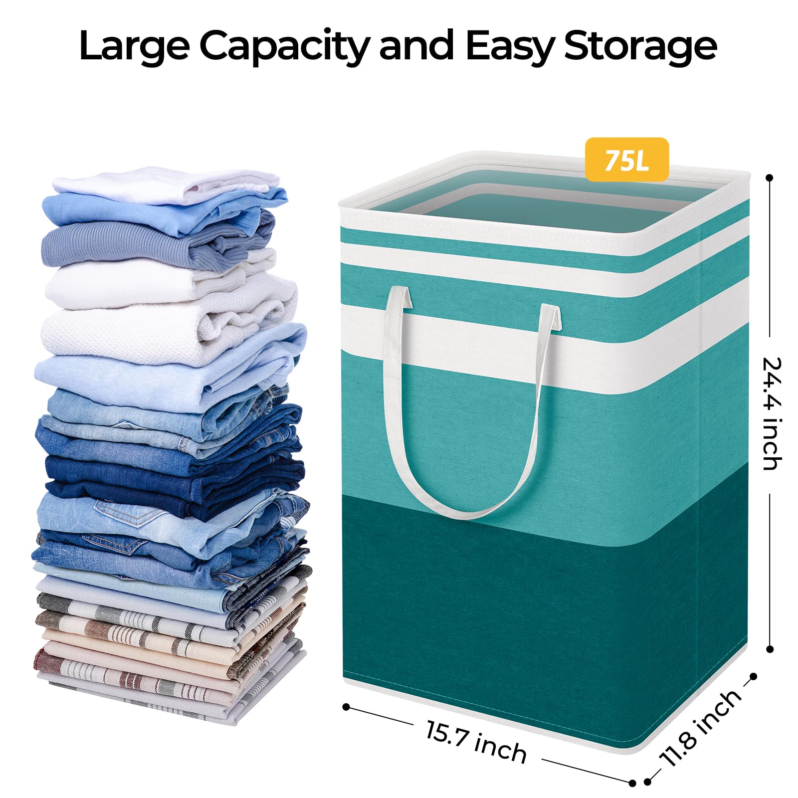 HomeHacks Confezione da 2 grandi cesti portabiancheria, impermeabili, autoportanti, pieghevoli, con manici estesi, per vestiti, giocattoli, dormitorio e famiglia (verde, 75 l)