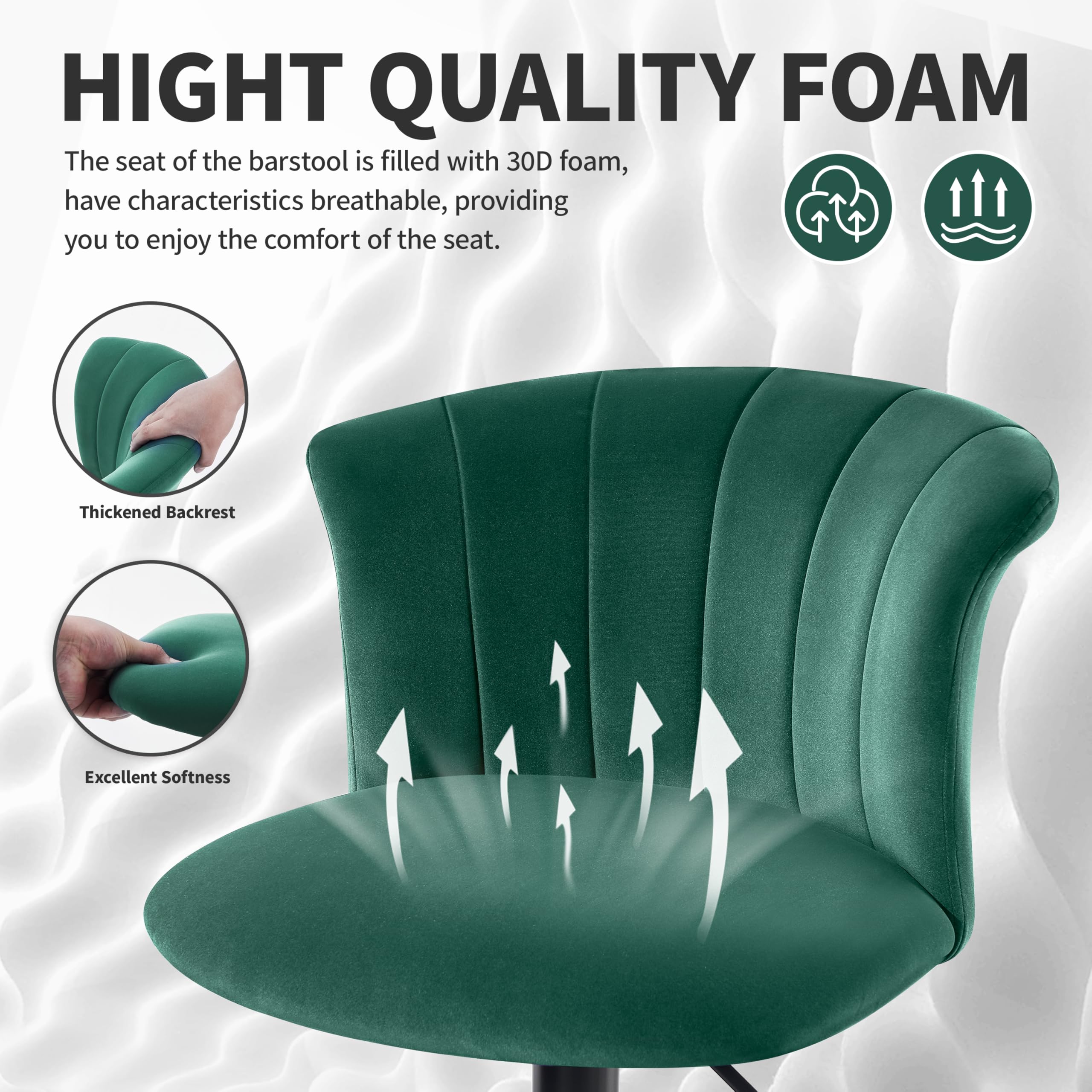 STOOLINK 2er Set Barhocker Höhenverstellbar Barstuhl Seidensamtstoff, Küchenhocker 360° Drehbar, Barhocker mit Lehne, Tresenhocker 150kg Belastbar für Küche, Esszimmer-Grün