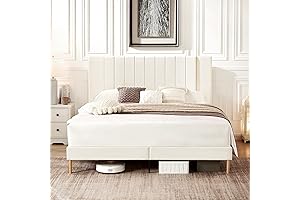 Queen Size Platform Bed Frame with Upholstered Cream Velvet Headboard
