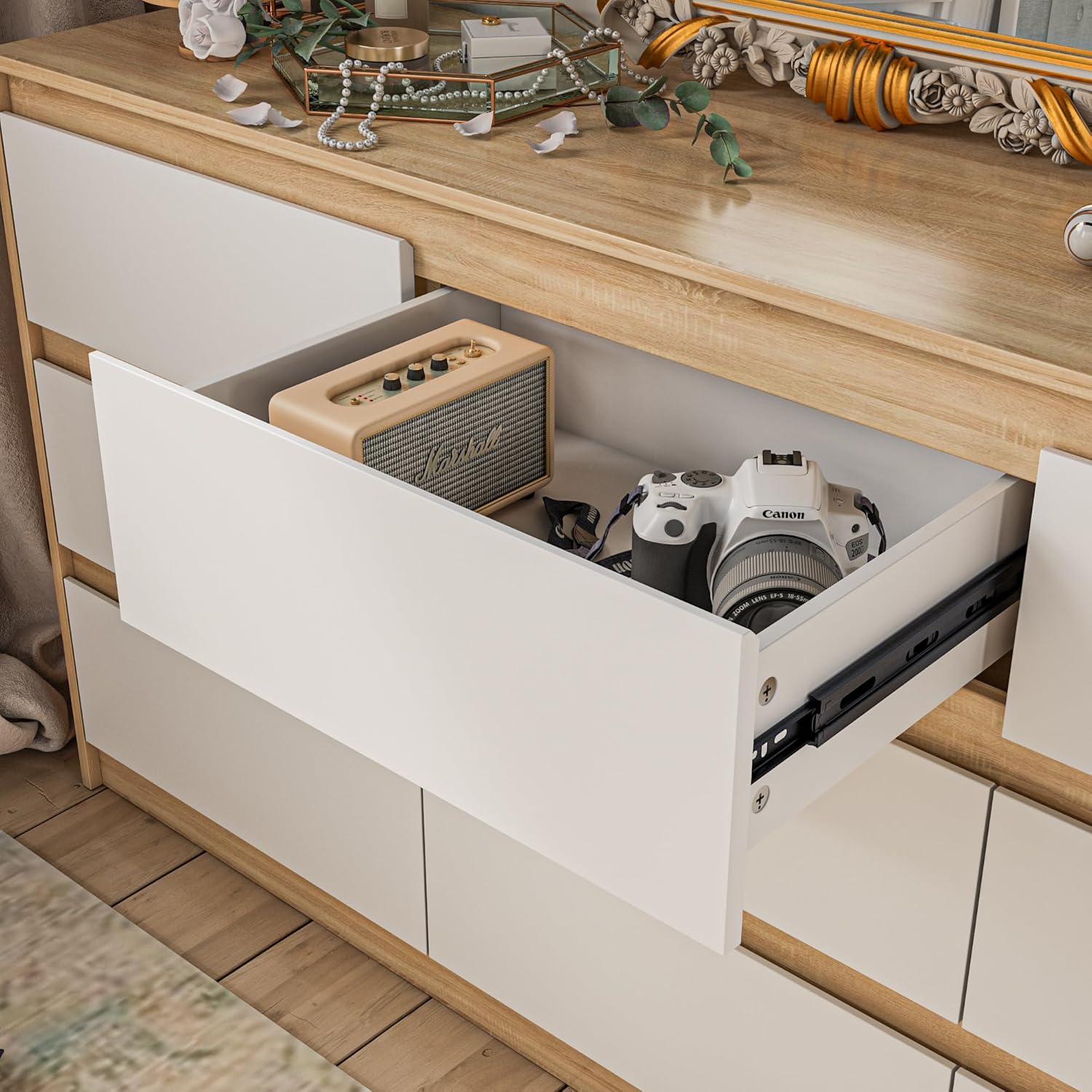 Homsee 9-Drawer Modern Wood Dresser, White Walnut Bedroom Chest 63in
