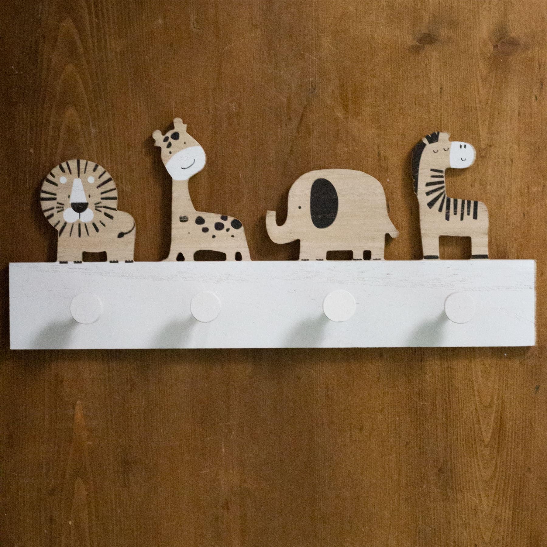 Carousel Home Porte-manteau mural en bois pour enfants en forme d'animal de safari | Crochets muraux décoratifs pour chambre d'enfant | 4 crochets muraux d'animaux de la jungle pour enfants