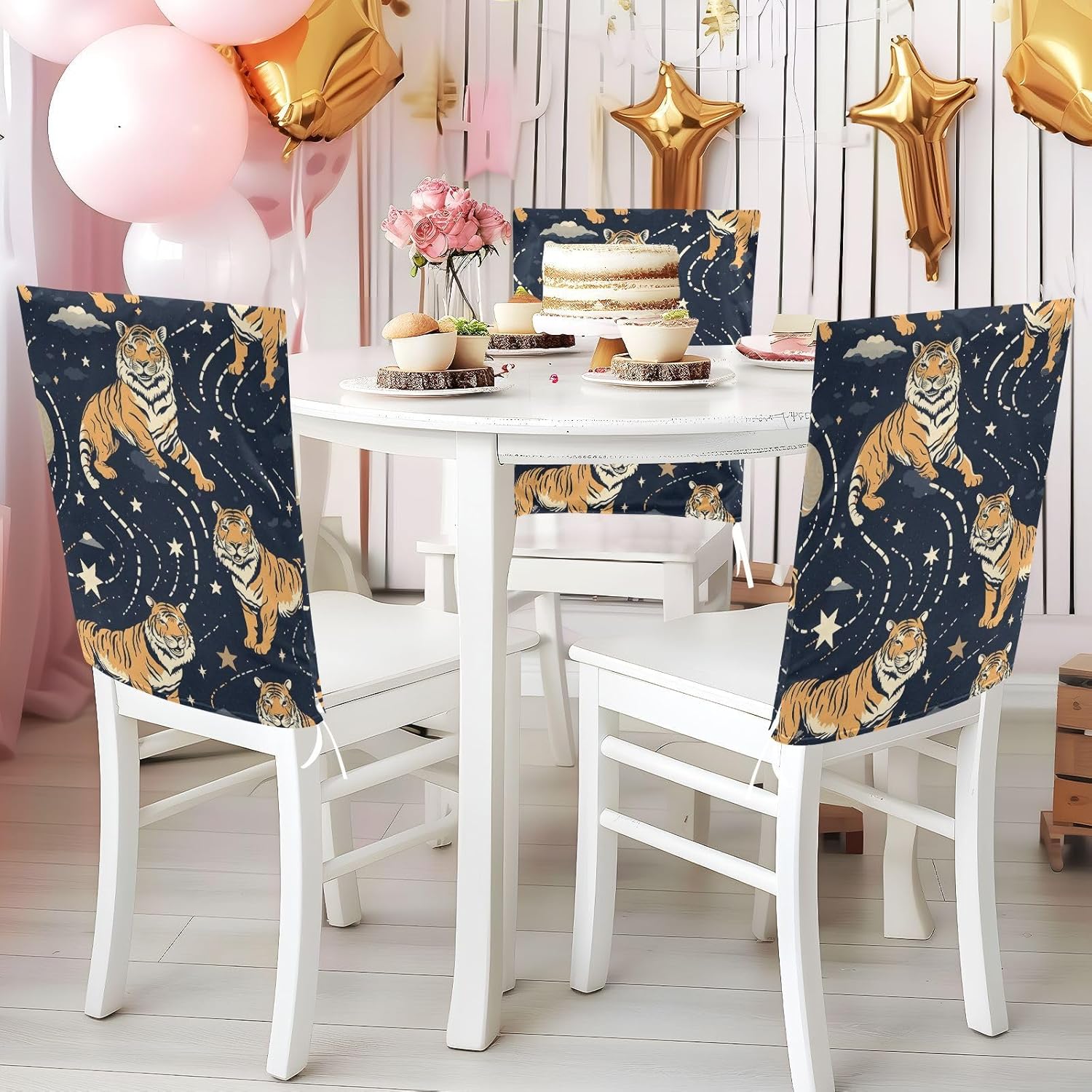 ALAZA Tigers and Stars Chair Back Cover Set of 6, Washable Reusable Removable Chair Slipcovers Decorative Chair Cover for Home Kitchen Wedding Party