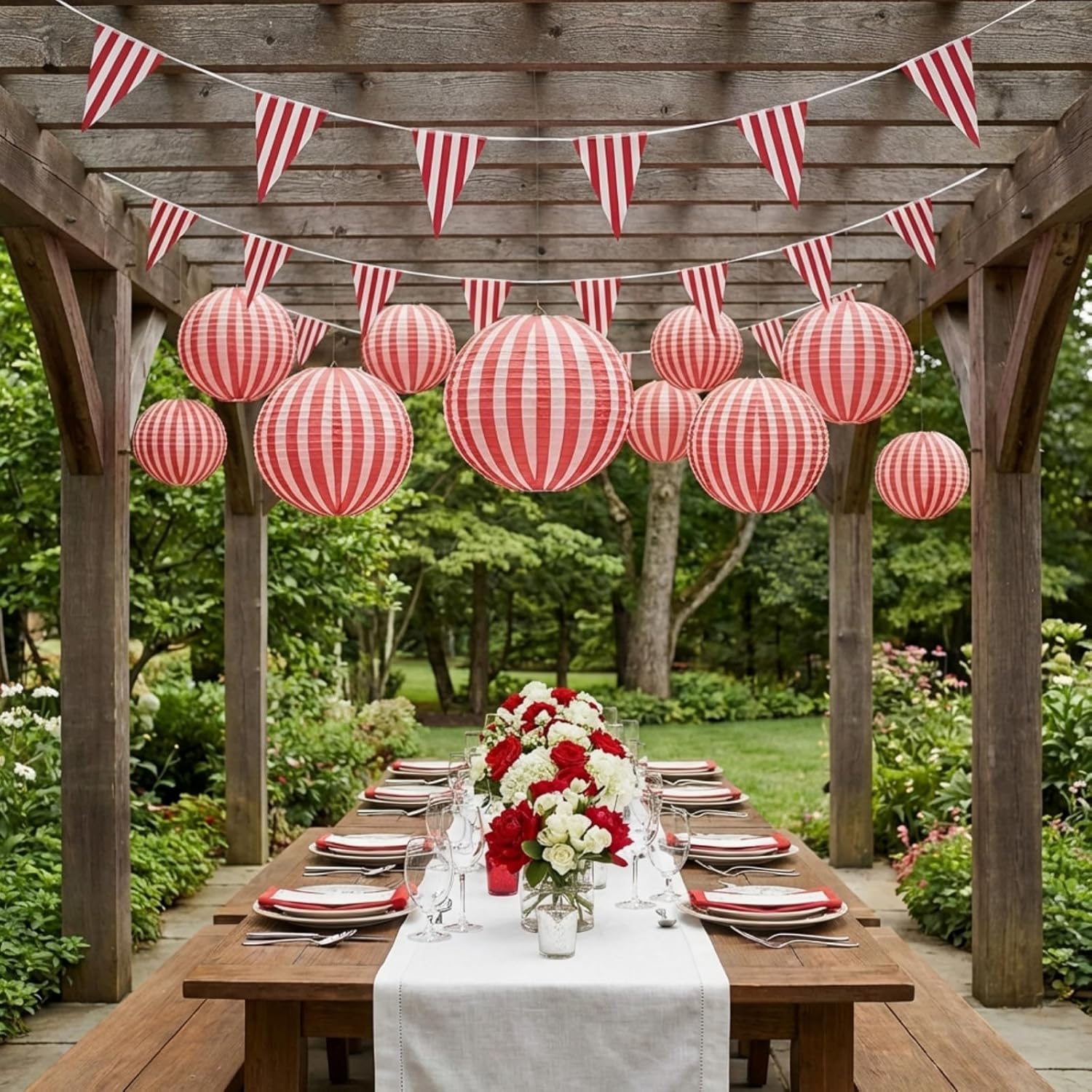 Hortsun Carnival Circus Party Decorations -12 Pcs Red and White Stripes Paper Lanterns (8 & 12 Inch), 2 Pcs Striped Pennant Banners (120 Flags, 164 Ft) for Wedding Birthday Baby Shower(Red and White)