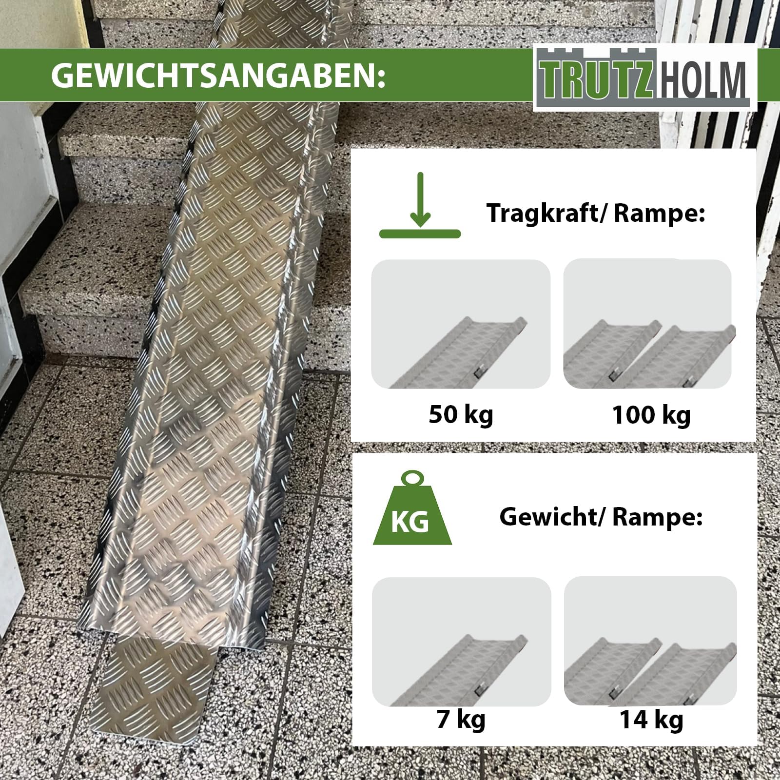 TRUTZHOLM Auffahrschiene Aluminium Länge 150-270 cm verstellbar Traglast 50 kg Treppenrampe für E-Bike Fahrrad Mofa mit rutschfestem Tränenblech Rampe Fahrradrampe leicht mit gummierter Auflage