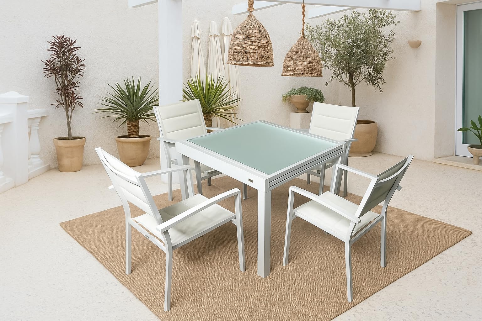 MOMMA HOME Set Mesa Extensible y 4 sillas terraza, Conjunto Muebles Jardín Exterior 5 Piezas, Estructura de Aluminio, Mesa y Sillas Terraza Impermeables, Resistentes a Exterior (Blanco)
