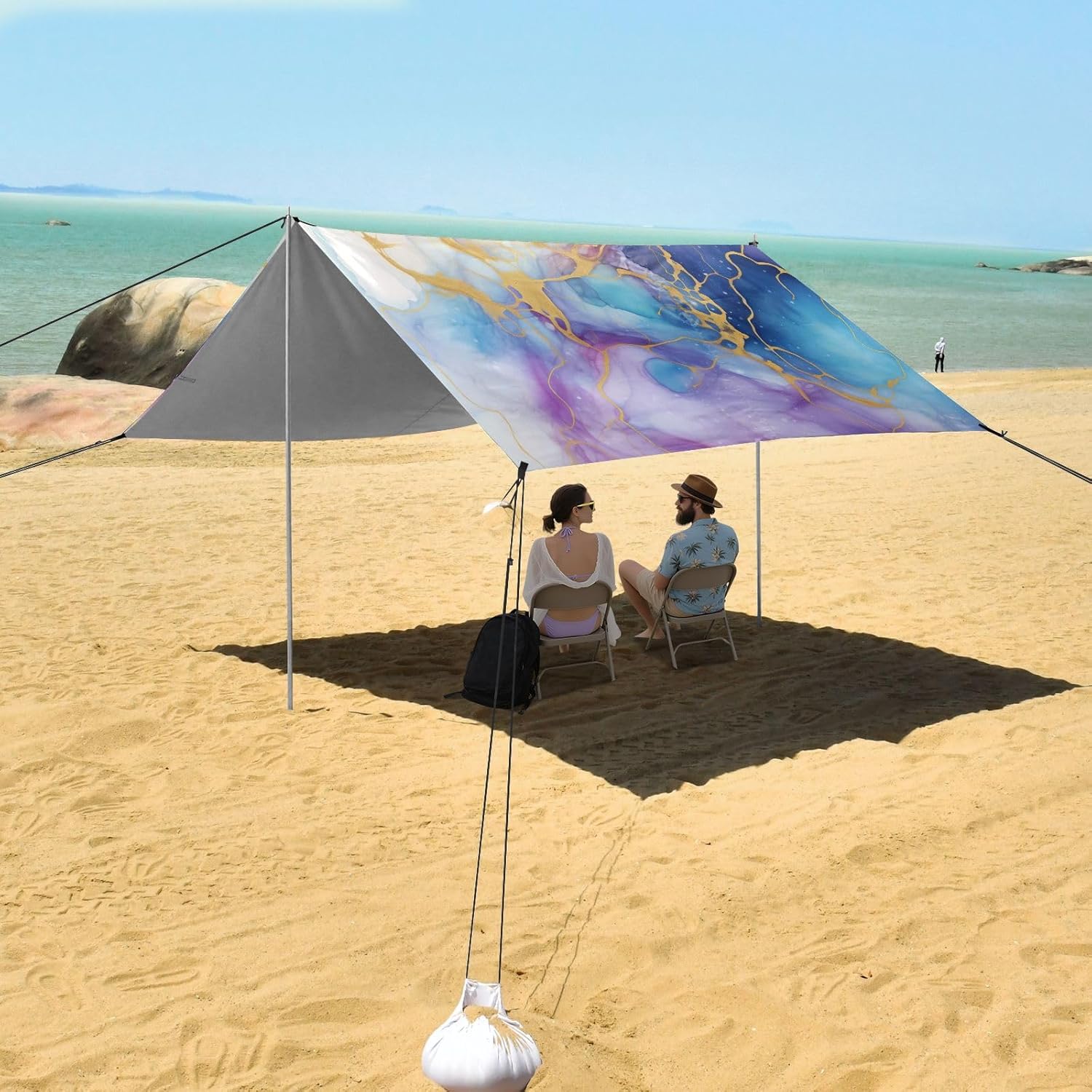 Purple Gold Blue Marble Camping Sun Shelter, Beach Tent Portable Beach Sun Shade Outdoor Canopy for Camping Trips Fishing Picnic