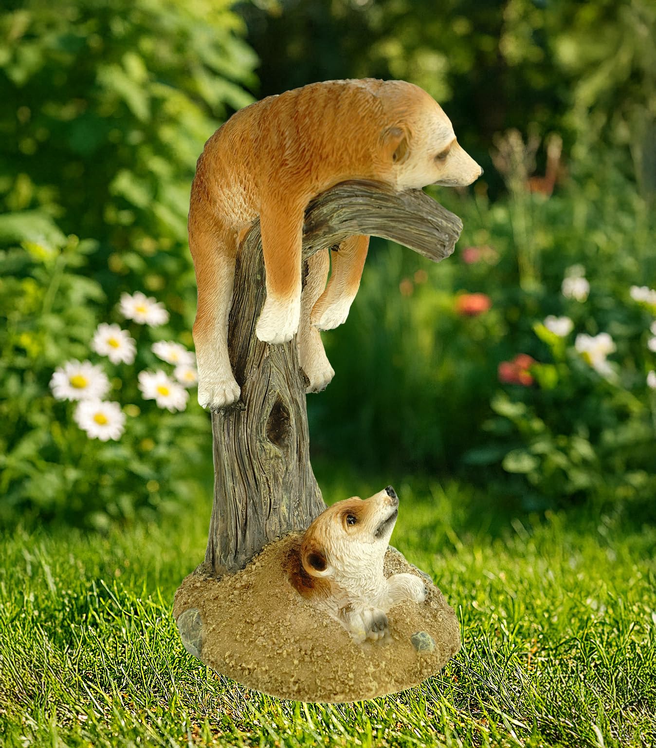 Kremers Schatzkiste Erdmännchen Mama + Kind auf AST Gartenfigur Polyresin 24 cm gartenfigur-en groß Gross Figur-en skulptur-en für den Tier-Figur-en deko-Ration Mama mit Kind Familie wetterfest