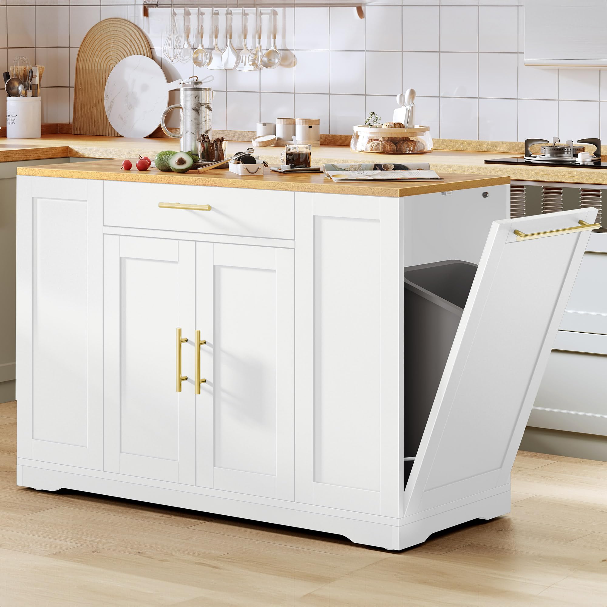 YITAHOME 53 inch Large Rolling Kitchen Island with Trash Can Storage Cabinet, Portable Mobile Islands Table Long Floating Movable w Wheels Cabinet for 13 Gallon Garbage Bin 2 Drawer, White Oak