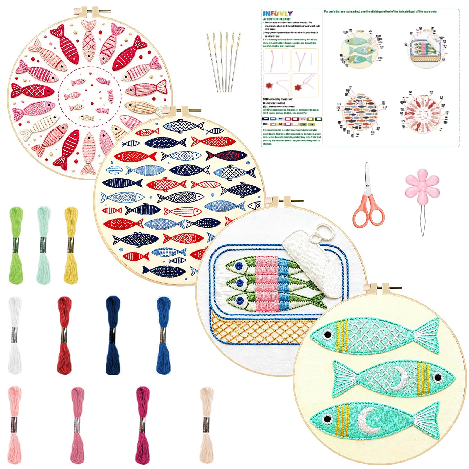 INFUNLY 4Pcs Canned Sardines Embroidery Kit 12 Inch Round Pink Fish Wreath Needlework Practice Set Nautical Fish Embroidery Kits with Hoop for Adults Home Decor Birthday Gift