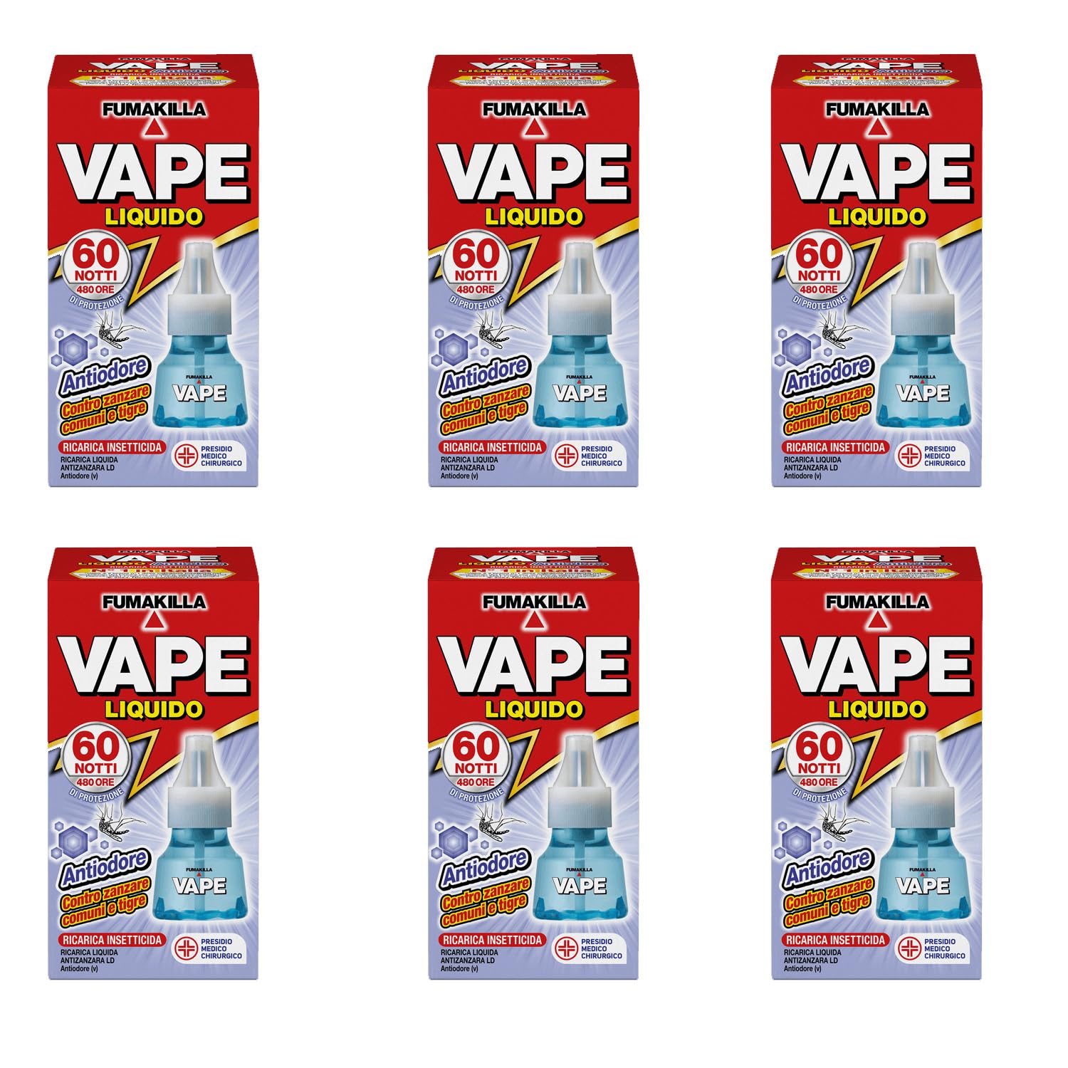 Vape Zanzare Ricarica Liquida 60 Notti Antiodore 30 Ml (6 unità)